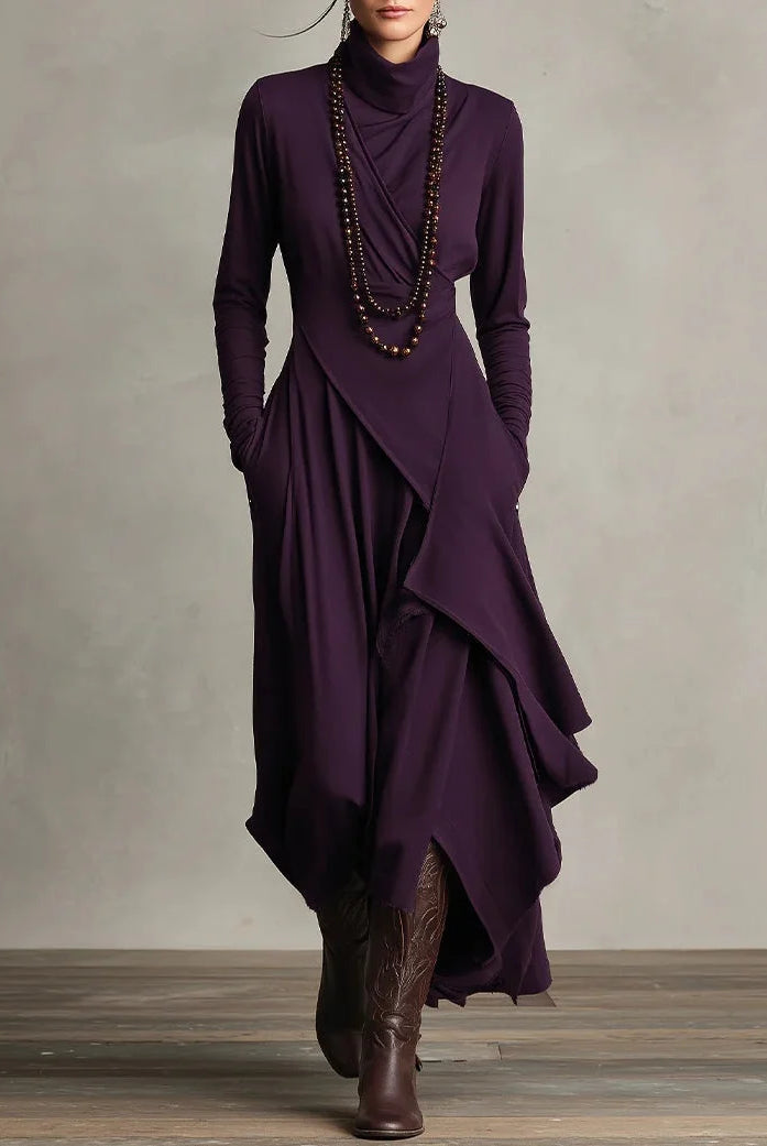 Women's High Neck Long Sleeve Maxi Dress with Asymmetrical Draping 0