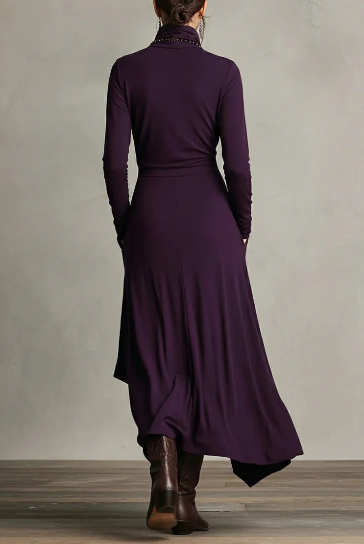 Women's High Neck Long Sleeve Maxi Dress with Asymmetrical Draping 1