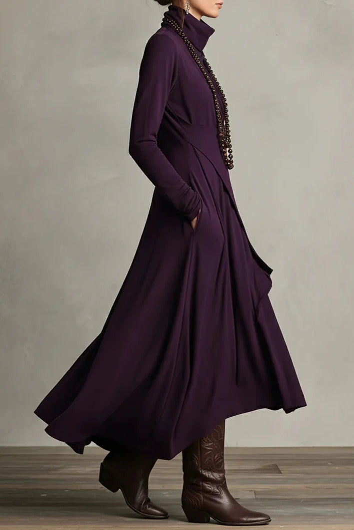 Women's High Neck Long Sleeve Maxi Dress with Asymmetrical Draping 2