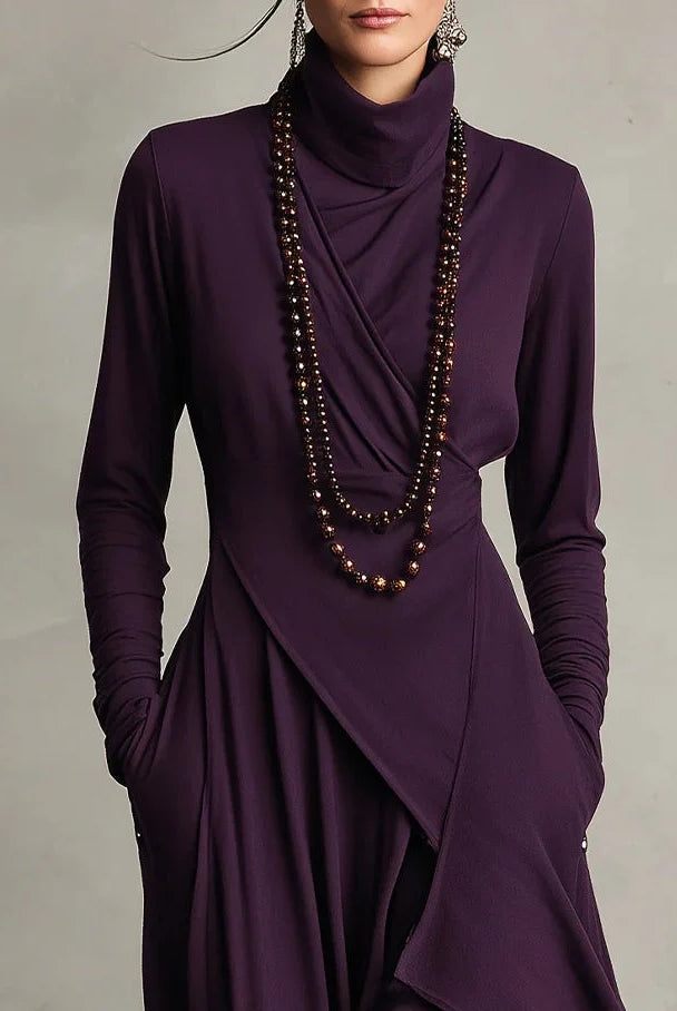 Women's High Neck Long Sleeve Maxi Dress with Asymmetrical Draping 3