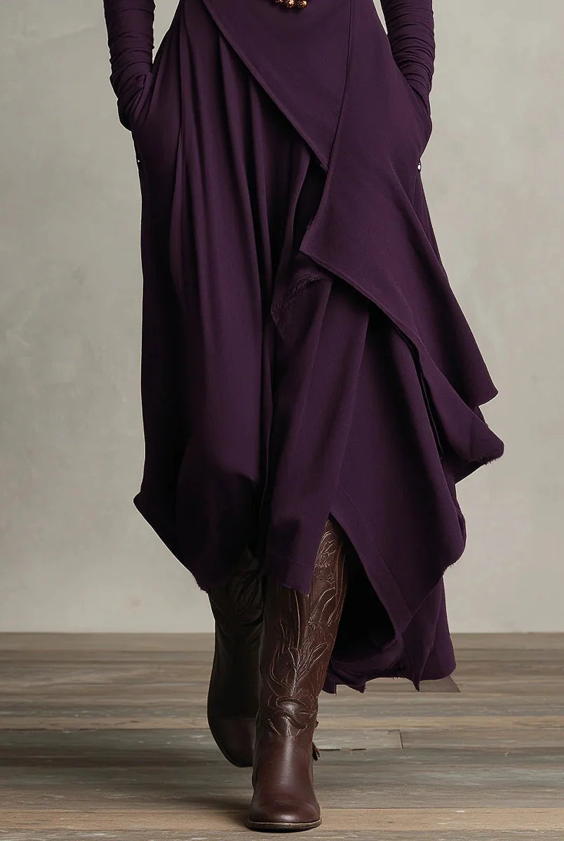 Women's High Neck Long Sleeve Maxi Dress with Asymmetrical Draping 4
