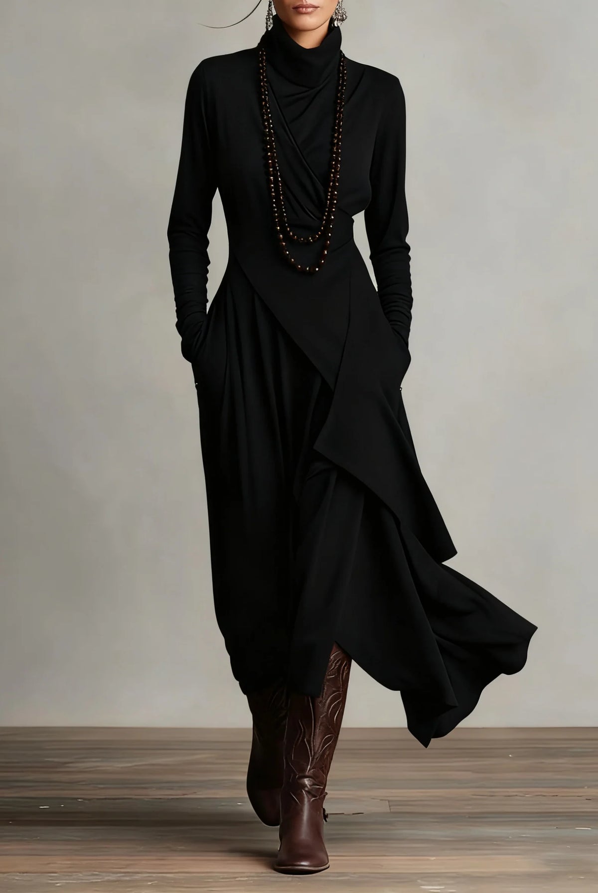 Women's High Neck Long Sleeve Maxi Dress with Asymmetrical Draping 5