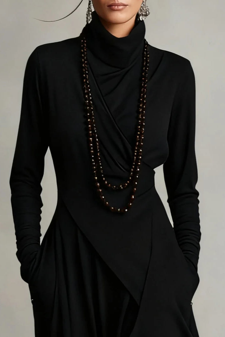Women's High Neck Long Sleeve Maxi Dress with Asymmetrical Draping 6