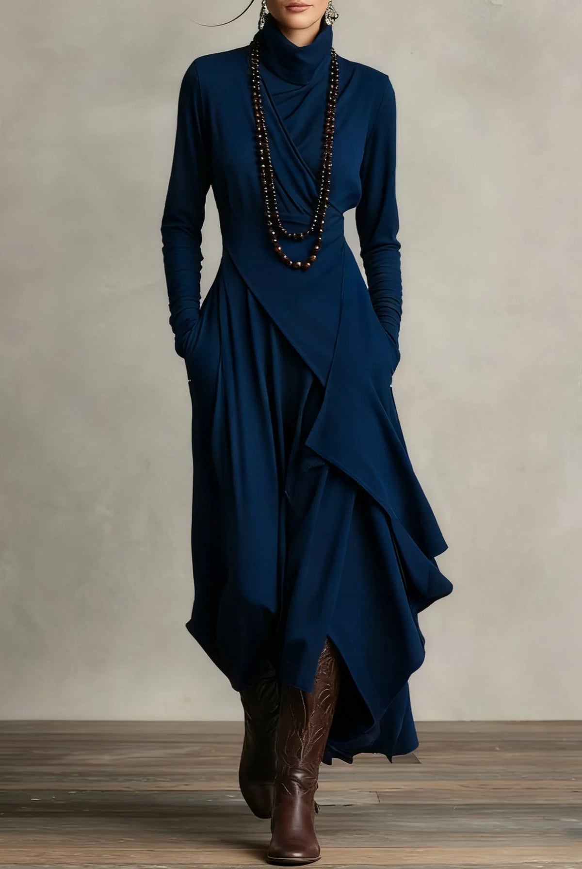 Women's High Neck Long Sleeve Maxi Dress with Asymmetrical Draping 9