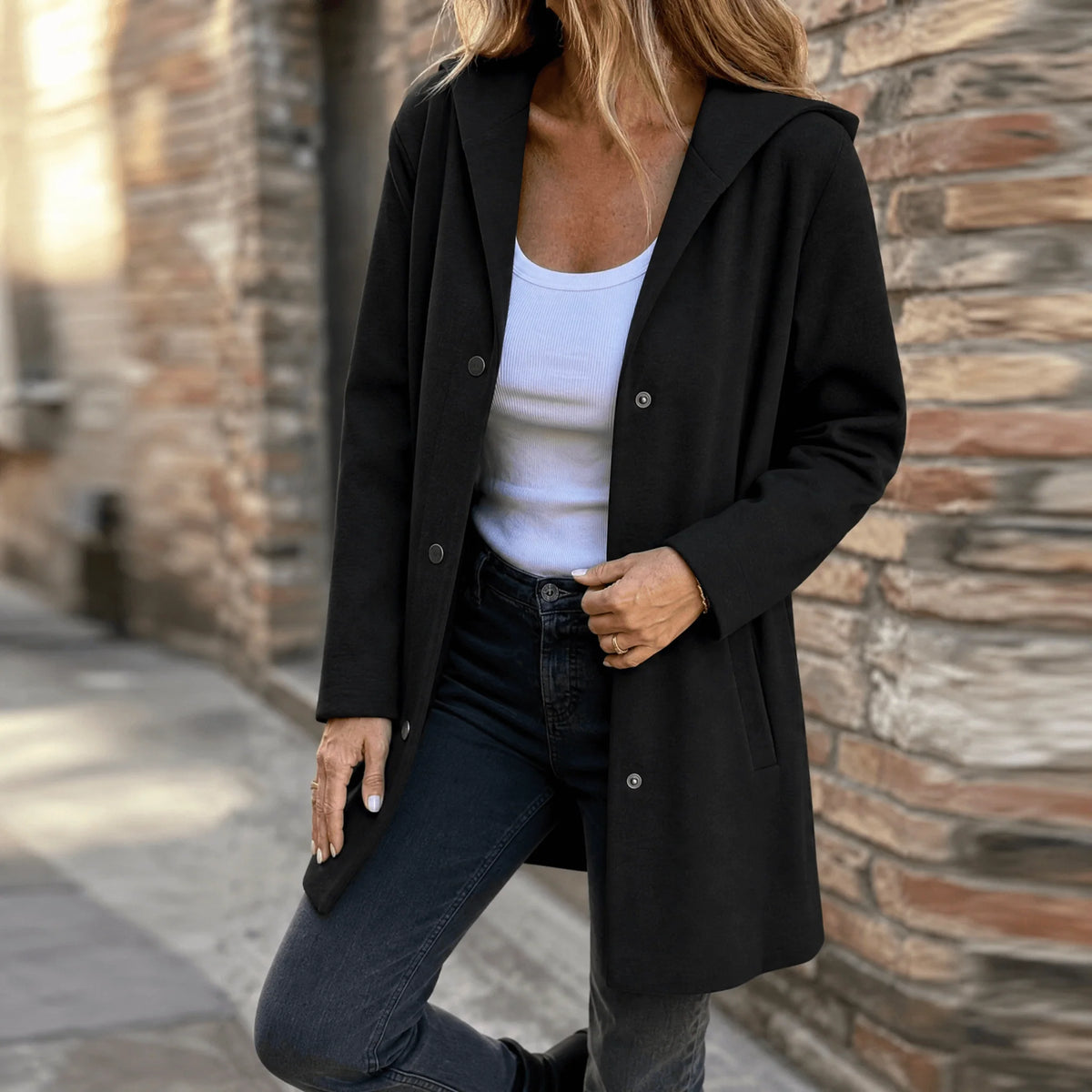 Women's Hooded Button-Front Cardigan with Oversized Hood and Side Pockets 10
