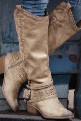 Women's Knee-High Boots with Round Toe, Side Zipper, and Buckle Strap 0