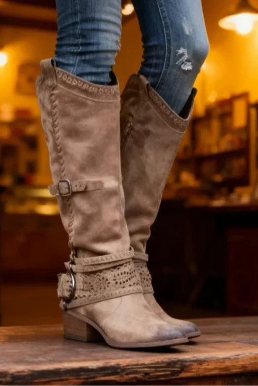 Women's Knee-High Boots with Round Toe, Side Zipper, and Buckle Strap 2