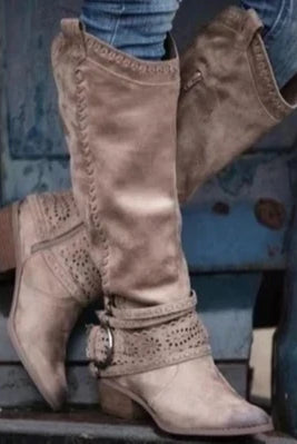 Women's Knee-High Boots with Round Toe, Side Zipper, and Buckle Strap 4