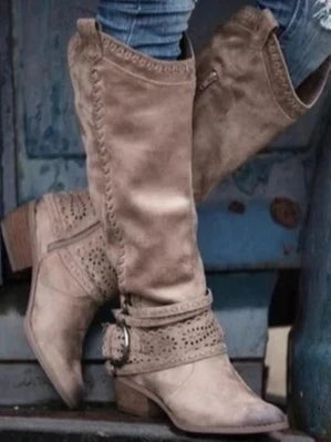 Women's Knee-High Boots with Round Toe, Side Zipper, and Buckle Strap 4