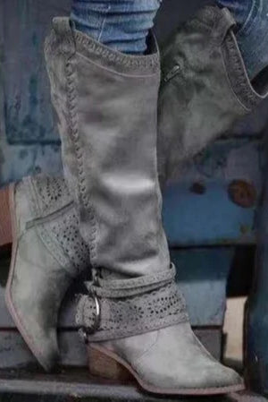 Women's Knee-High Boots with Round Toe, Side Zipper, and Buckle Strap 5