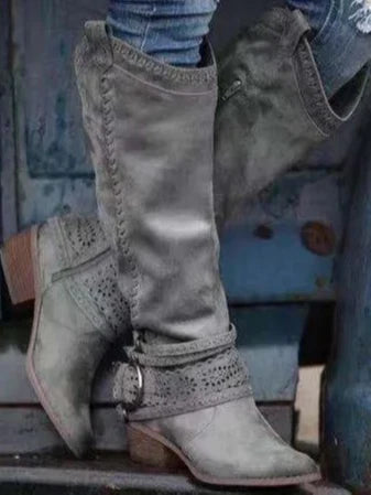 Women's Knee-High Boots with Round Toe, Side Zipper, and Buckle Strap 5