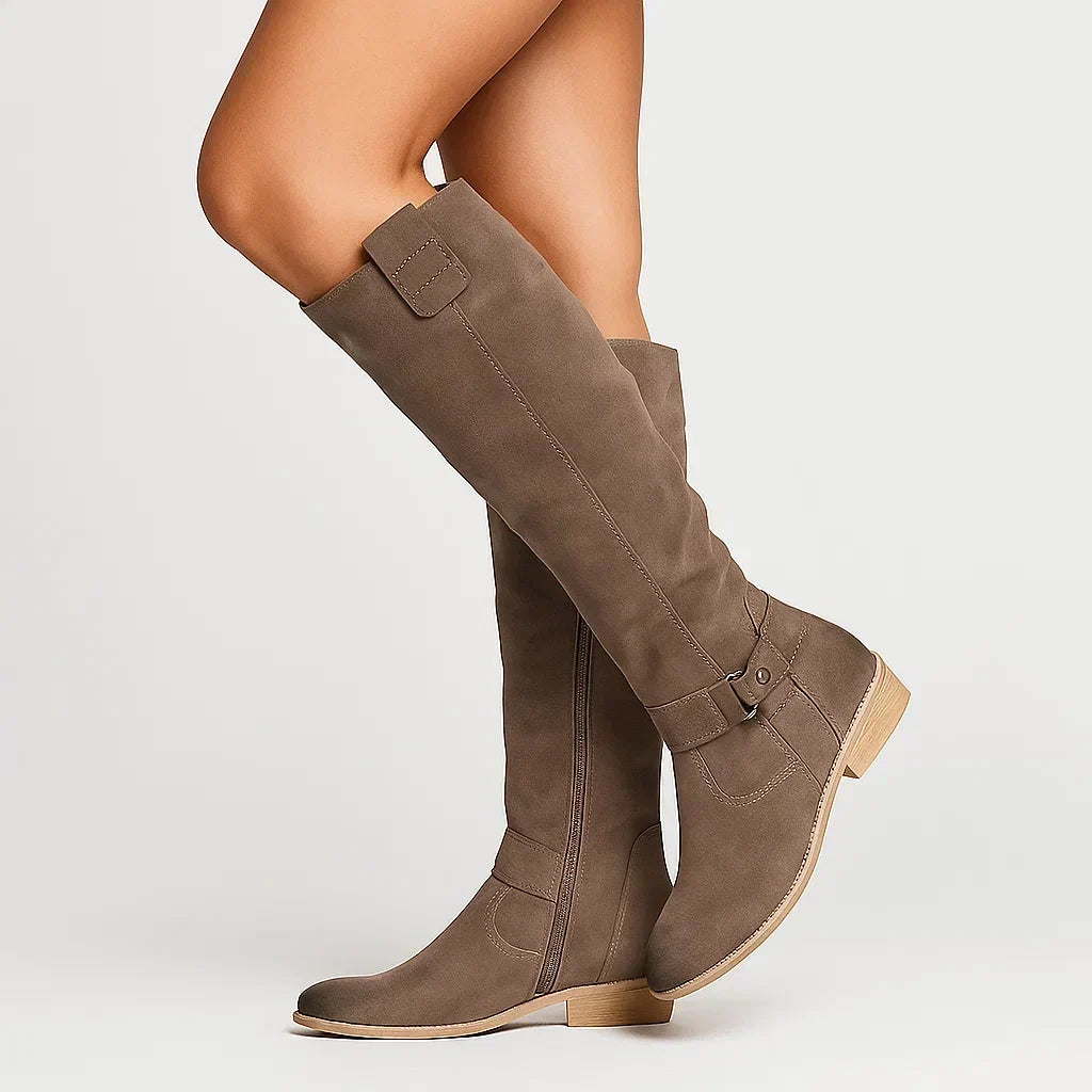 Women's Knee High Suede-Look Boots with Low Block Heel and Slim Shaft 1