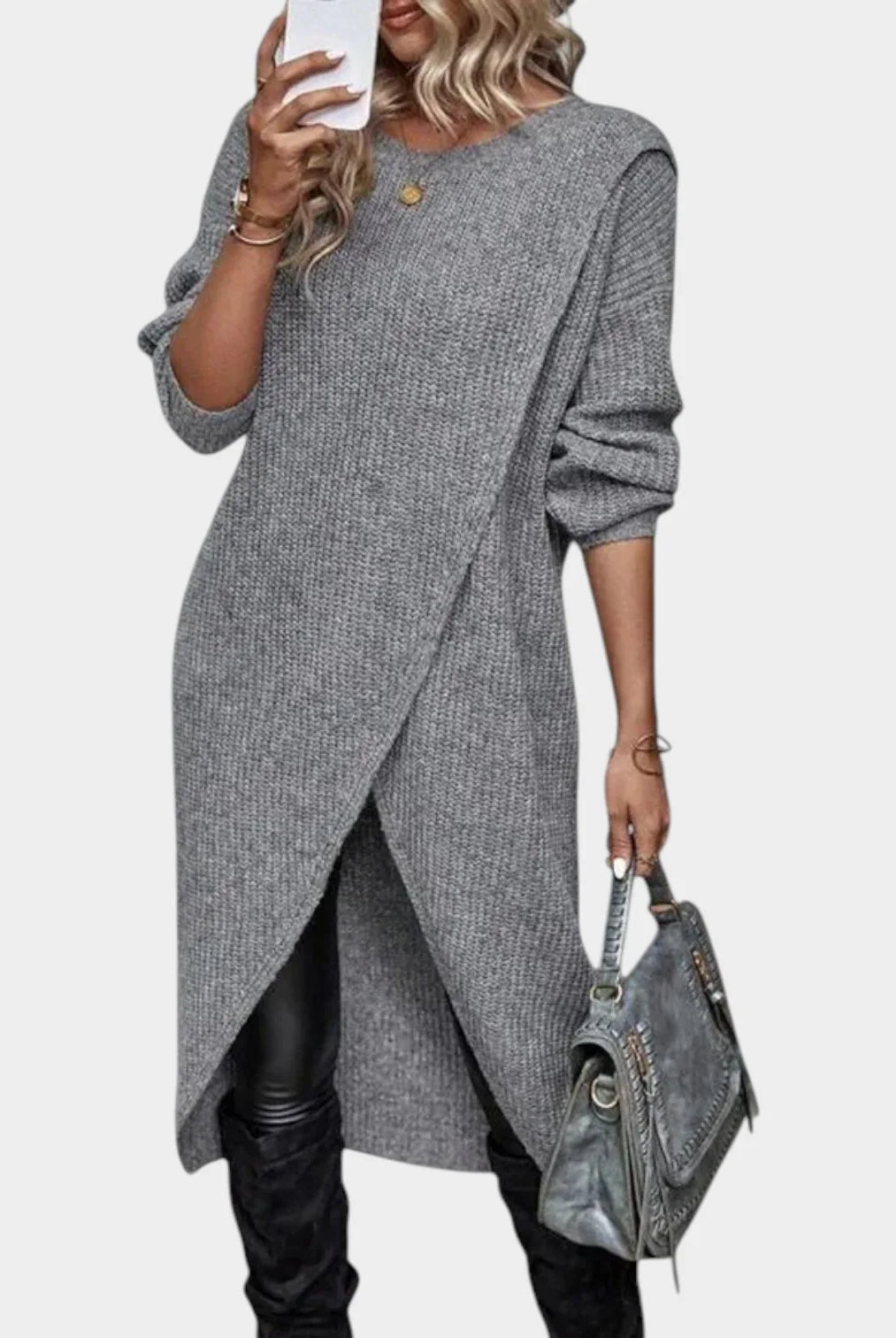 Women's Knit Sweater Dress with Asymmetric Wrap Hem 0