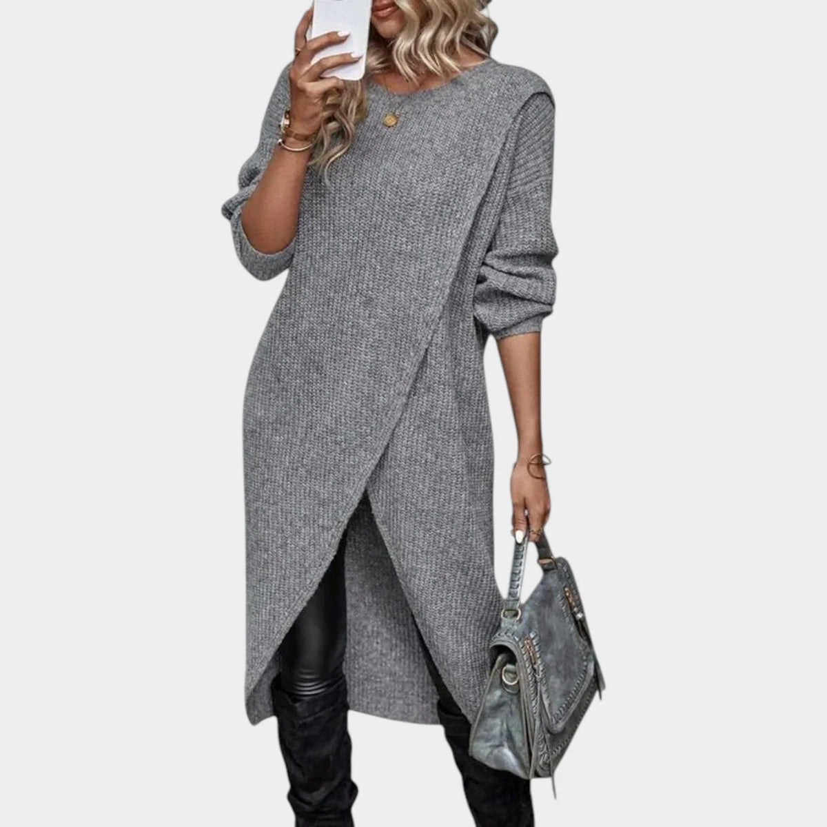 Women's Knit Sweater Dress with Asymmetric Wrap Hem 0
