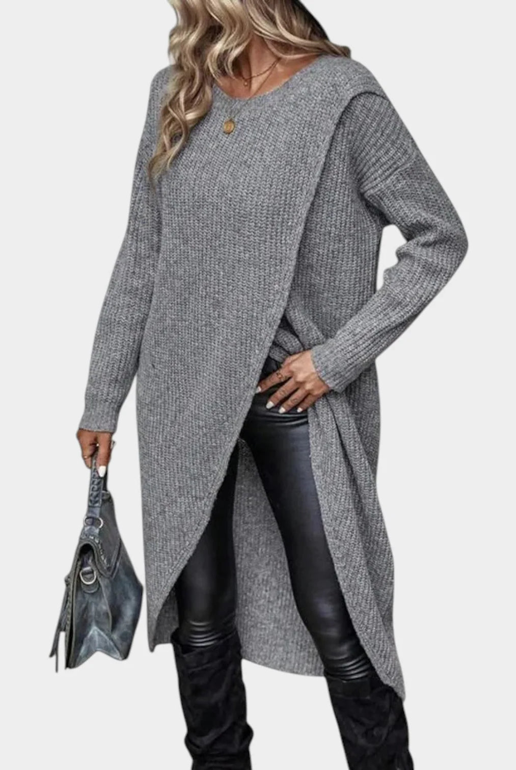 Women's Knit Sweater Dress with Asymmetric Wrap Hem 1