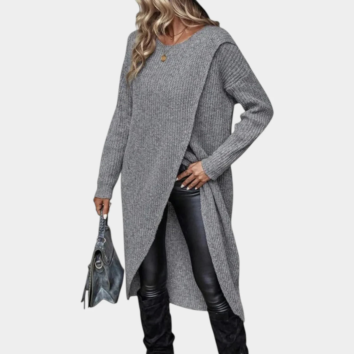 Women's Knit Sweater Dress with Asymmetric Wrap Hem 1