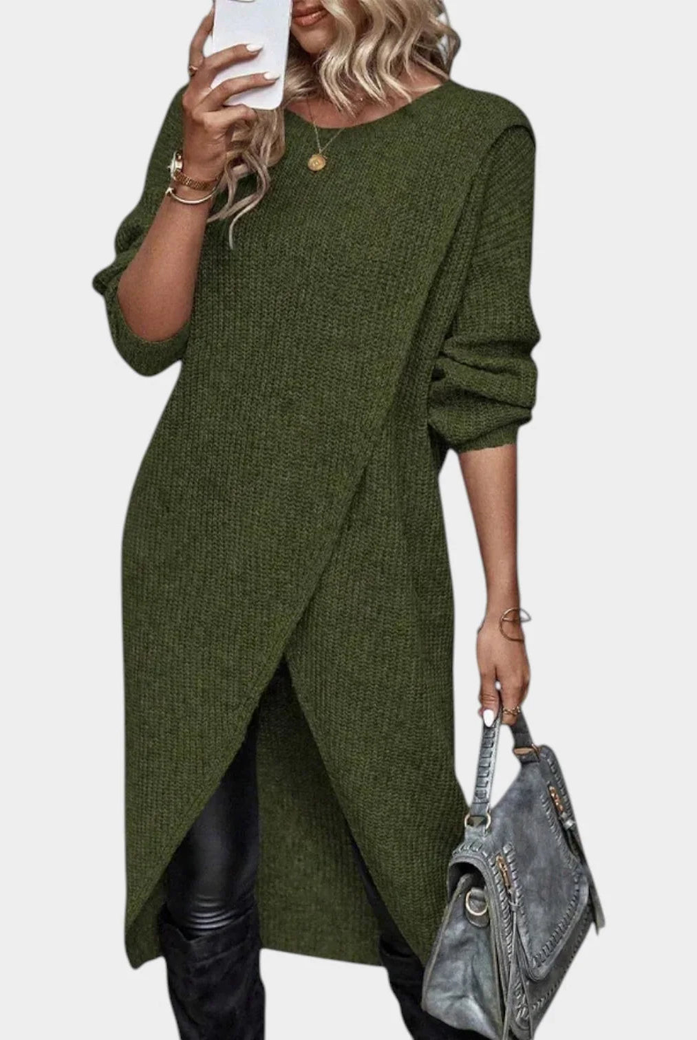 Women's Knit Sweater Dress with Asymmetric Wrap Hem 2