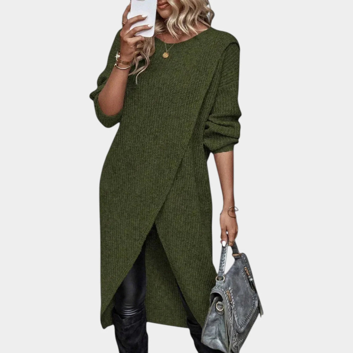 Women's Knit Sweater Dress with Asymmetric Wrap Hem 2