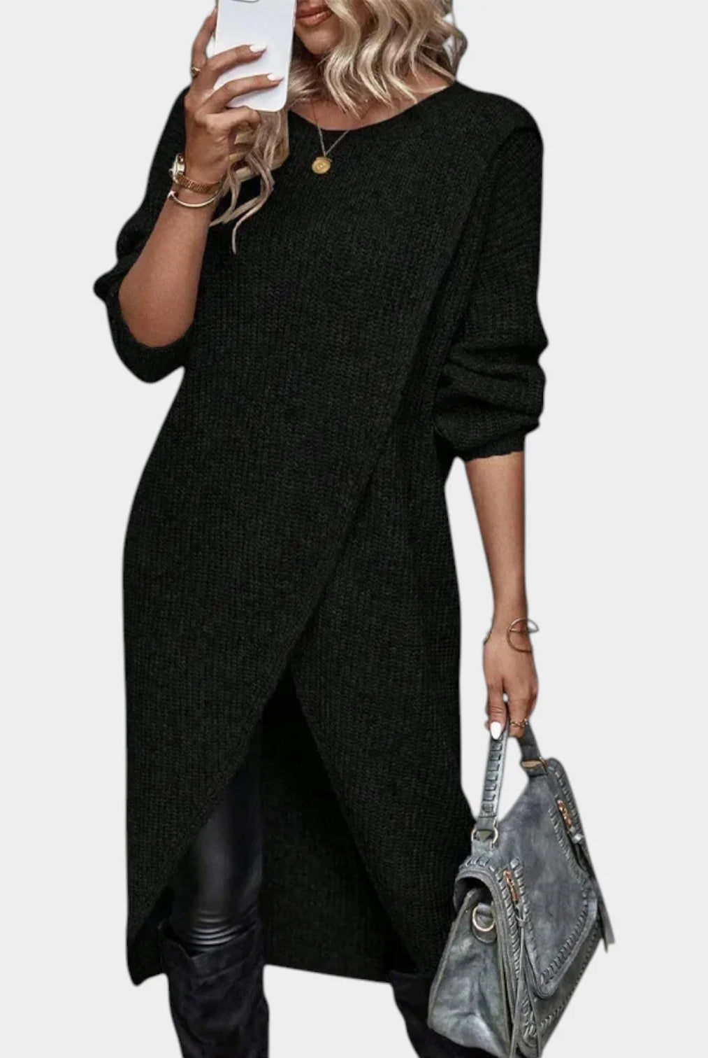 Women's Knit Sweater Dress with Asymmetric Wrap Hem 3