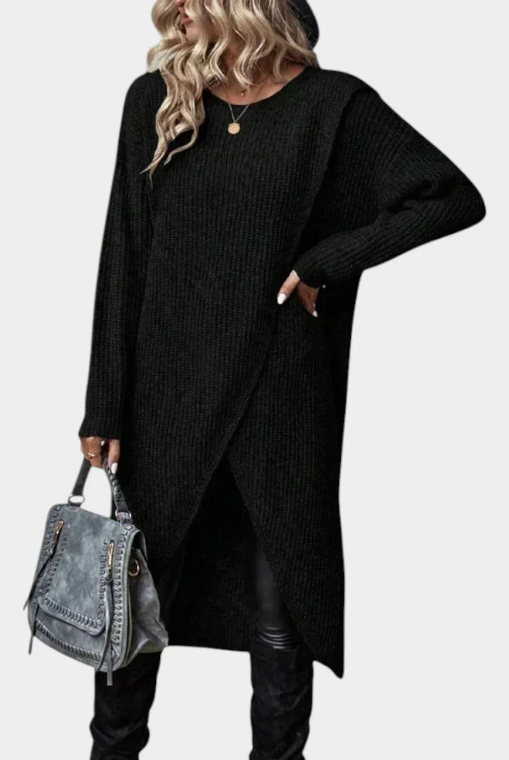 Women's Knit Sweater Dress with Asymmetric Wrap Hem 4