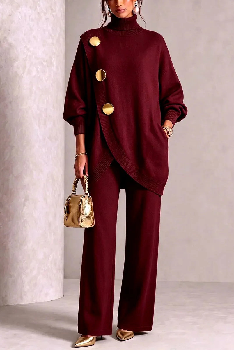 Women's Knit Two-Piece Set with Oversized Turtleneck and Wide-Leg Pants 0