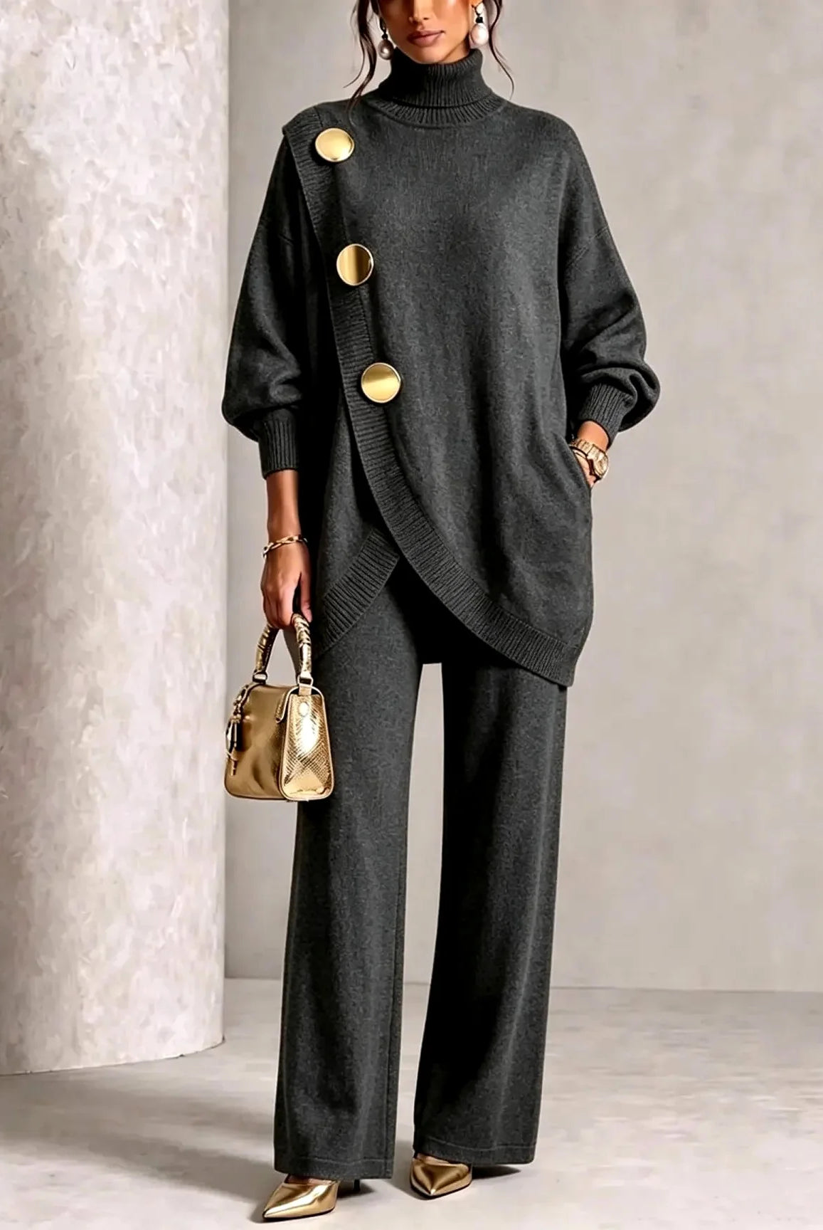 Women's Knit Two-Piece Set with Oversized Turtleneck and Wide-Leg Pants 1