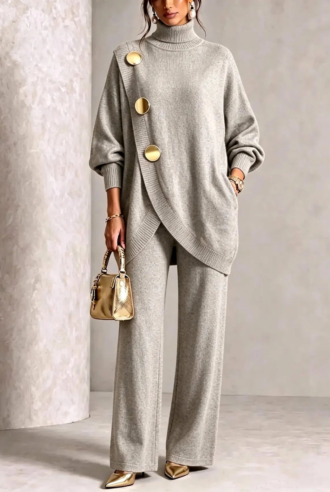 Women's Knit Two-Piece Set with Oversized Turtleneck and Wide-Leg Pants 2