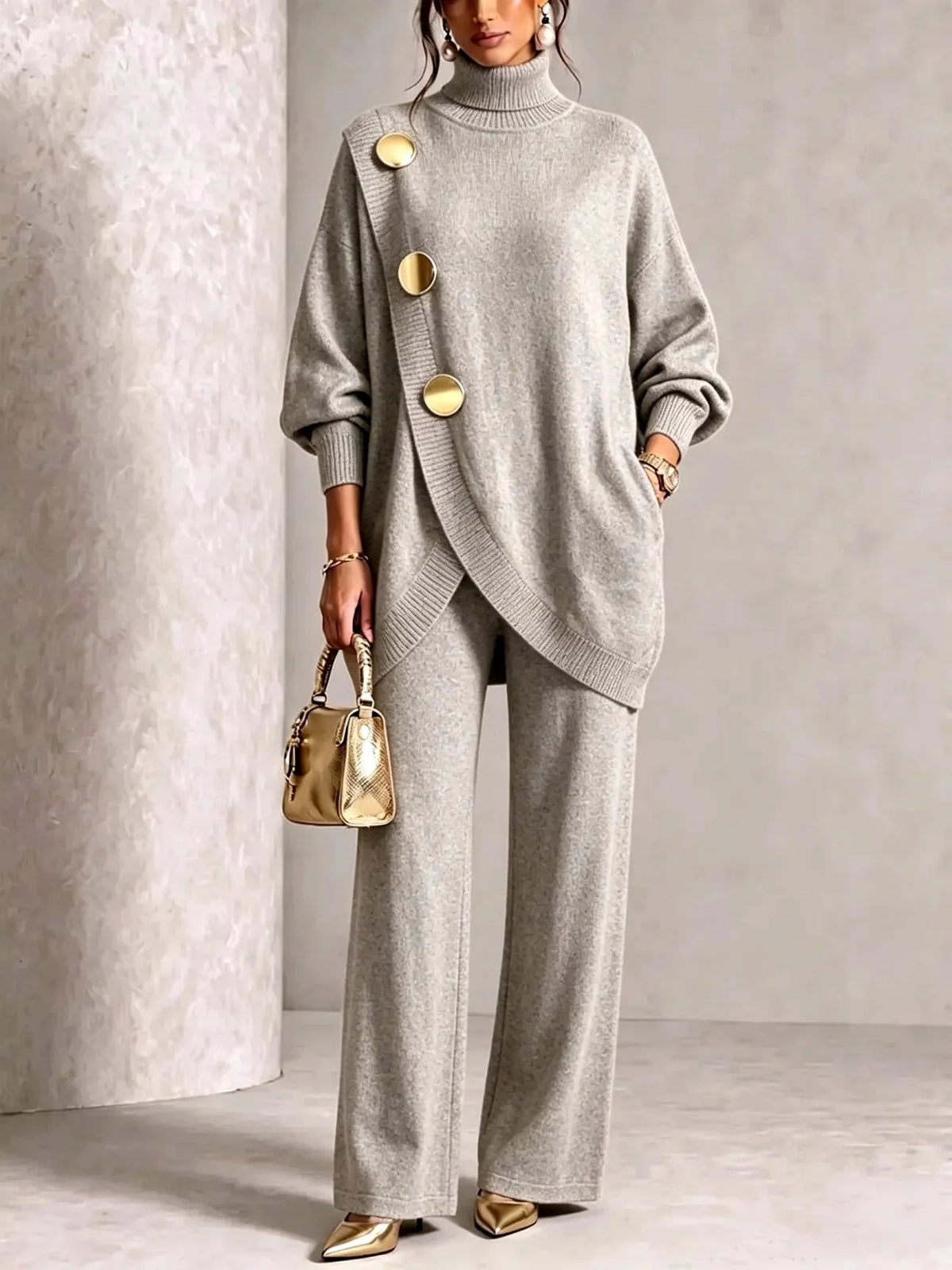 Women's Knit Two-Piece Set with Oversized Turtleneck and Wide-Leg Pants 2