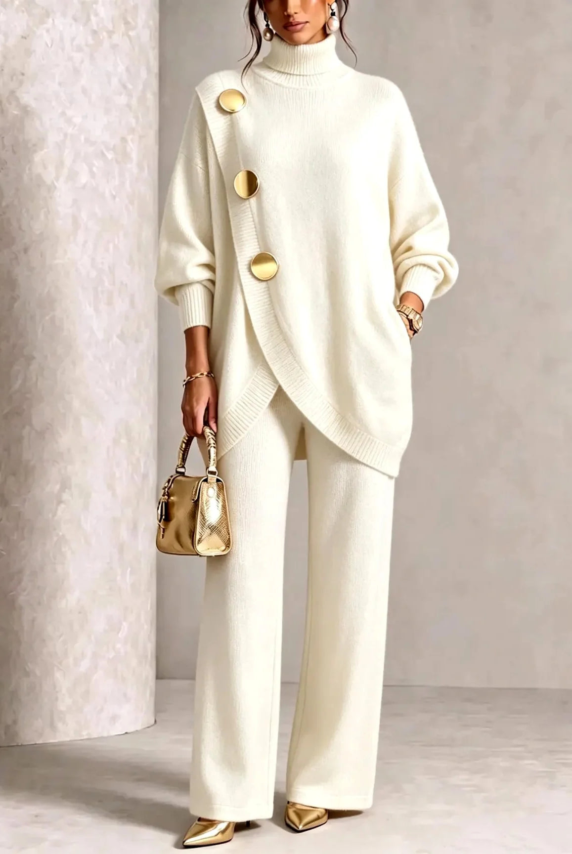 Women's Knit Two-Piece Set with Oversized Turtleneck and Wide-Leg Pants 3
