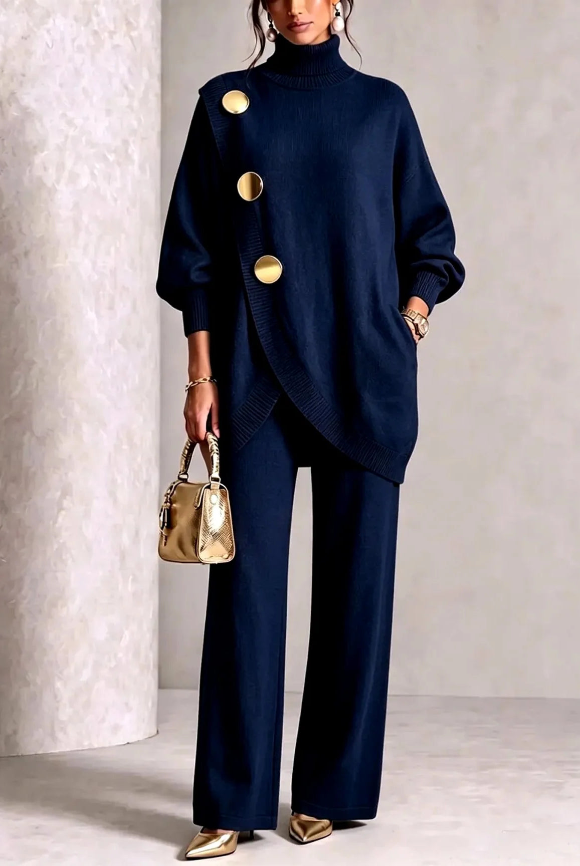 Women's Knit Two-Piece Set with Oversized Turtleneck and Wide-Leg Pants 4