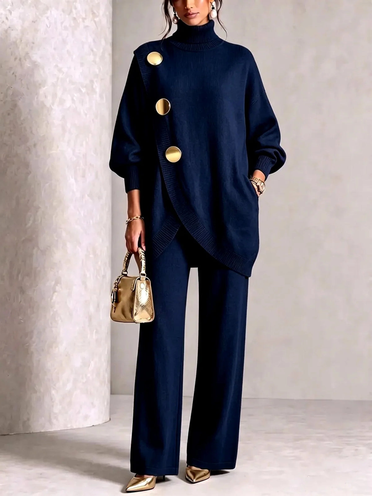 Women's Knit Two-Piece Set with Oversized Turtleneck and Wide-Leg Pants 4