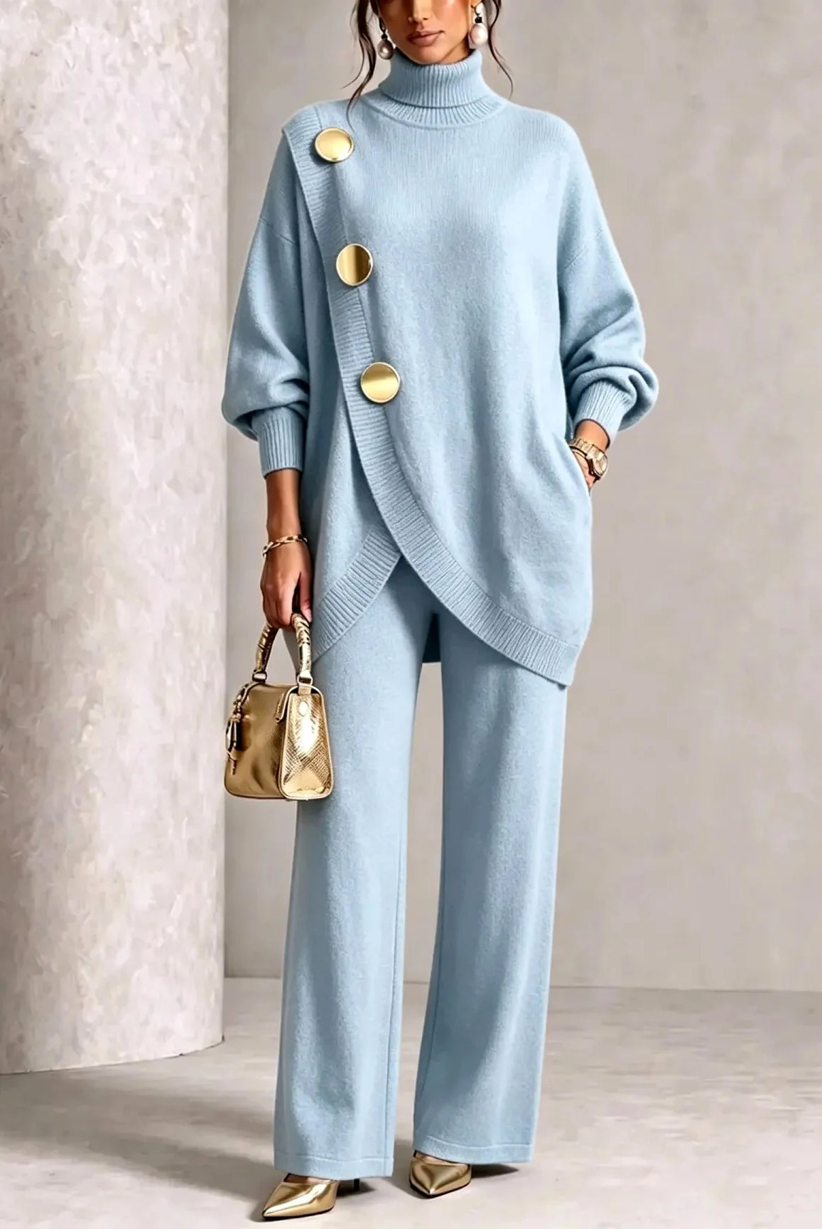 Women's Knit Two-Piece Set with Oversized Turtleneck and Wide-Leg Pants 5
