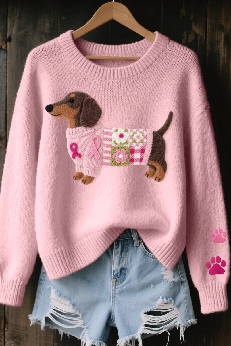 Women's Knitted Sweater with Dachshund Motif and Ribbed Details 0