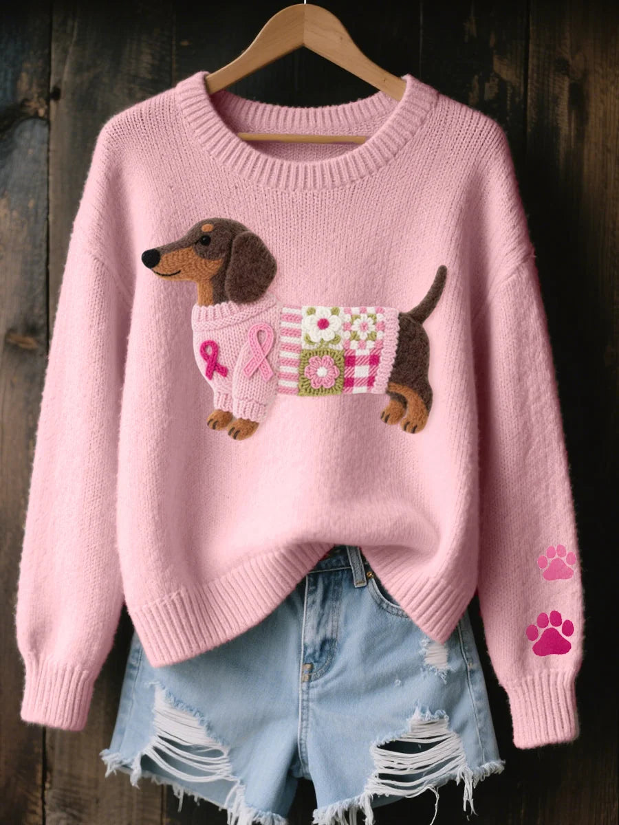 Women's Knitted Sweater with Dachshund Motif and Ribbed Details 0
