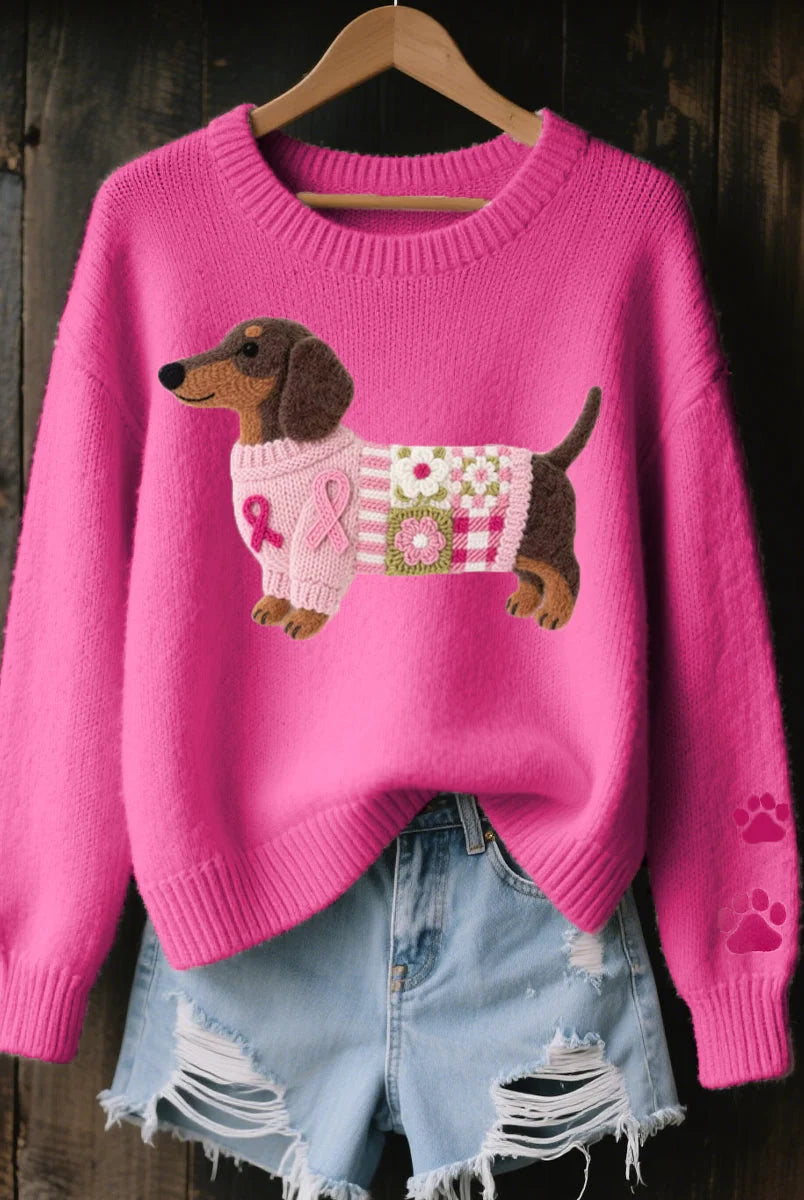 Women's Knitted Sweater with Dachshund Motif and Ribbed Details 1