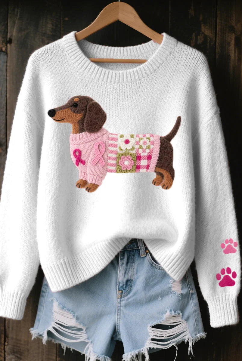 Women's Knitted Sweater with Dachshund Motif and Ribbed Details 2
