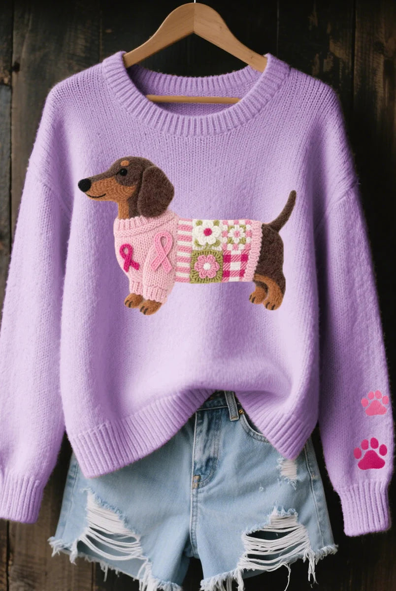 Women's Knitted Sweater with Dachshund Motif and Ribbed Details 3