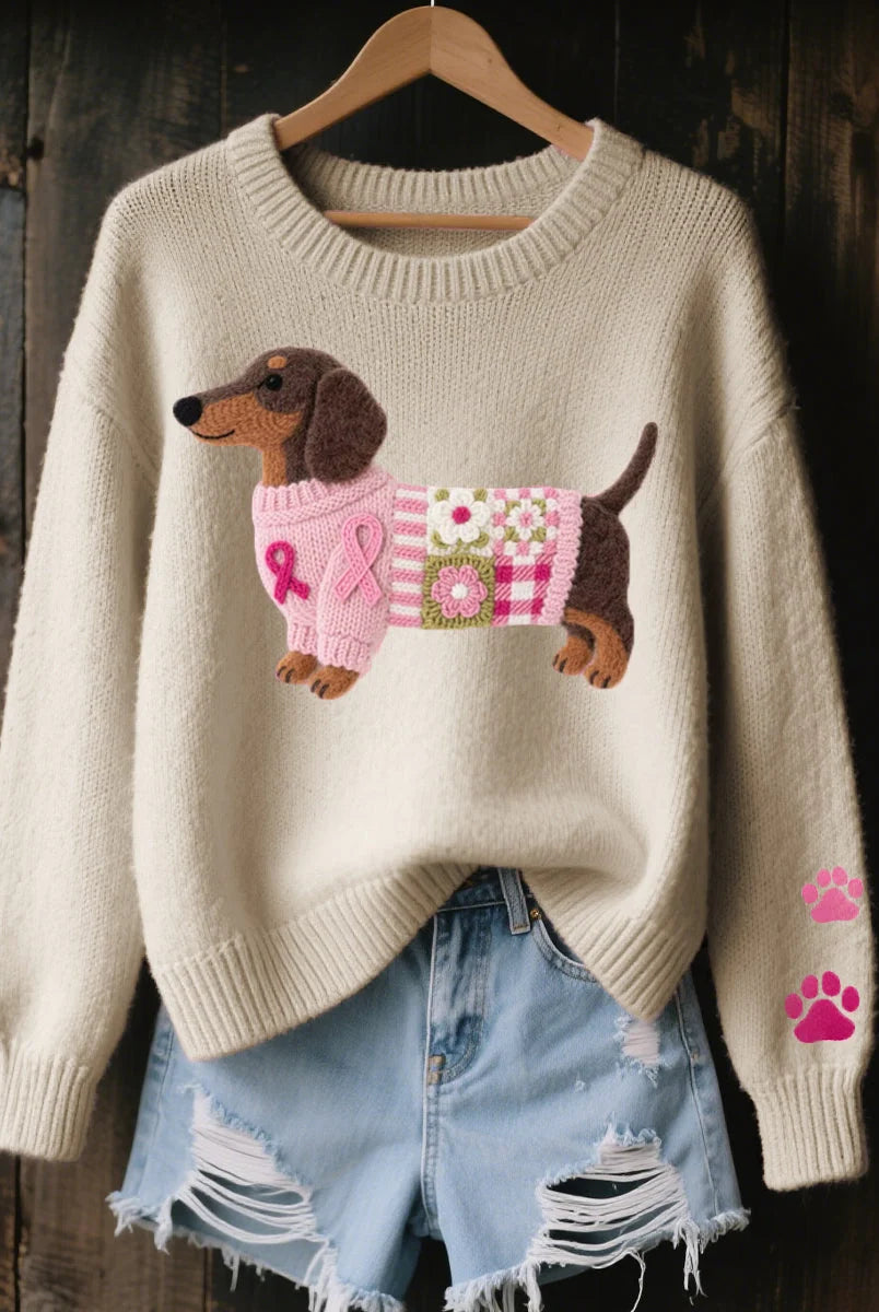 Women's Knitted Sweater with Dachshund Motif and Ribbed Details 4