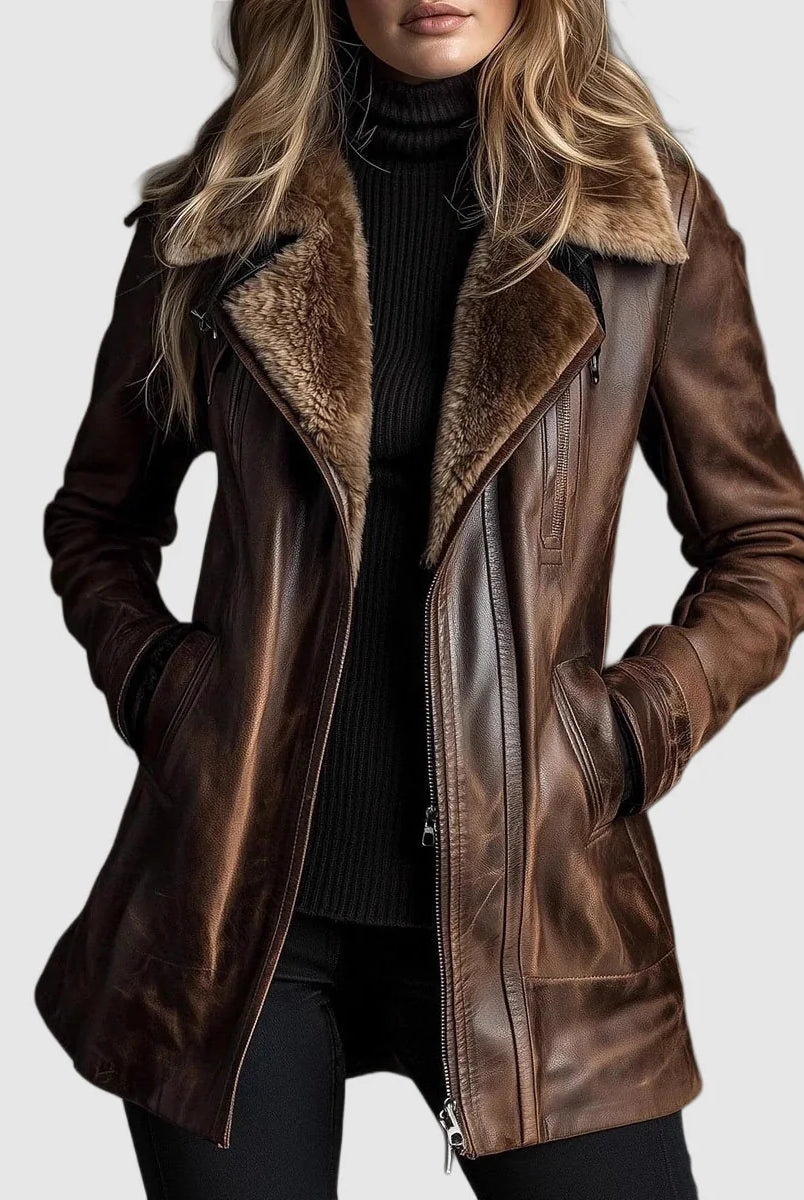 Women's Leather Jacket with Shearling Collar and Zip Front 0