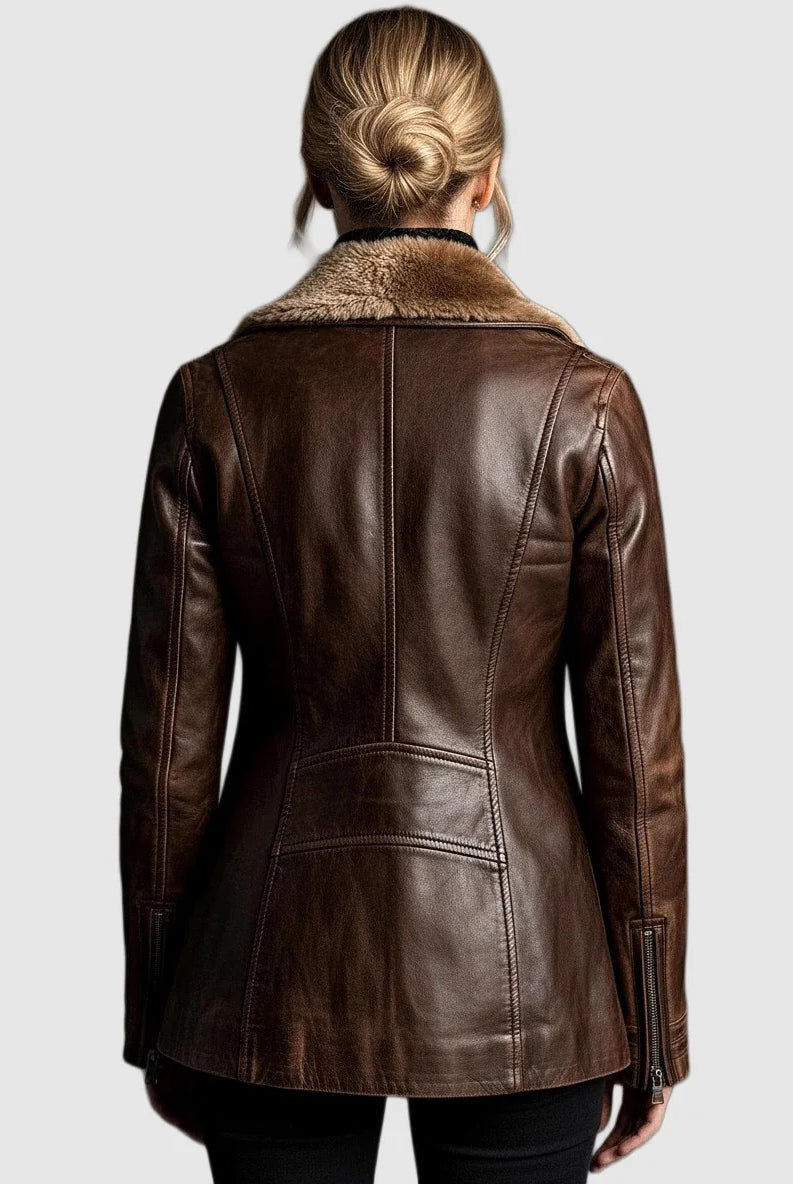 Women's Leather Jacket with Shearling Collar and Zip Front 1