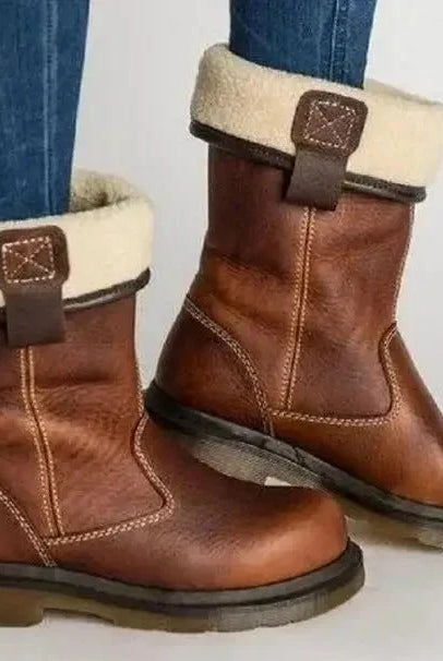 Women's Leather Winter Snow Boots with Fleece Lining and Fur Trim 0
