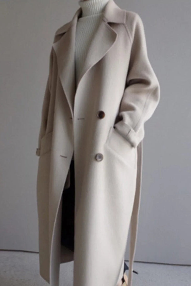 Women's Long Double-Breasted Cashmere Blend Trench Coat 0