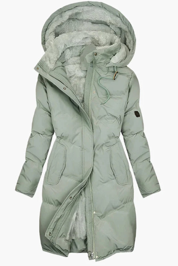 Women's Long Quilted Hooded Winter Coat with Zip-Up Front and Side Pockets 0