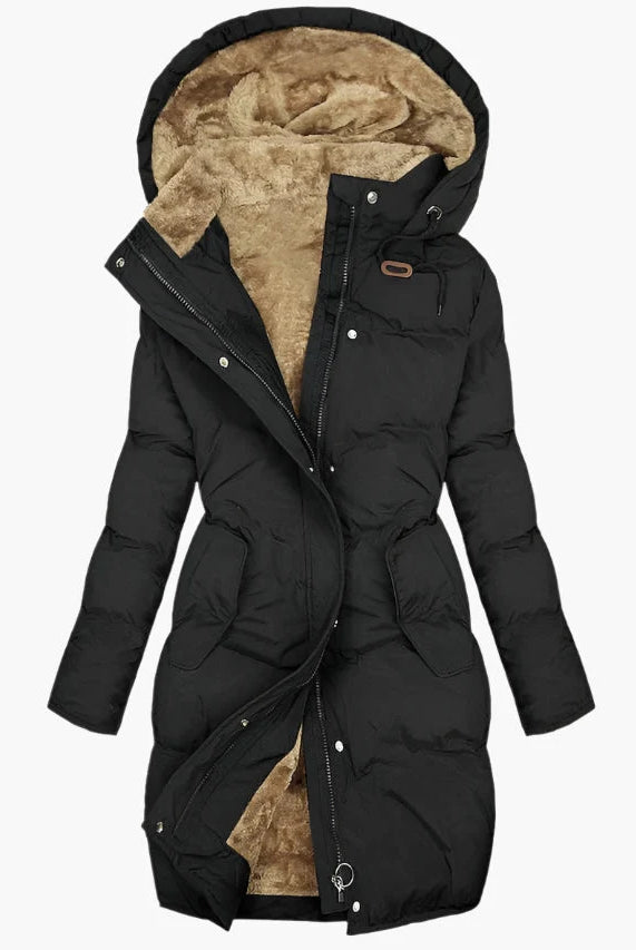 Women's Long Quilted Hooded Winter Coat with Zip-Up Front and Side Pockets 1