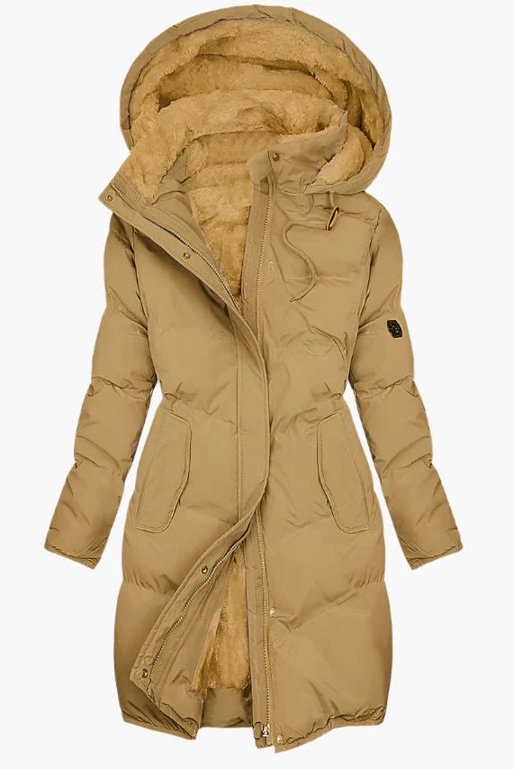 Women's Long Quilted Hooded Winter Coat with Zip-Up Front and Side Pockets 2