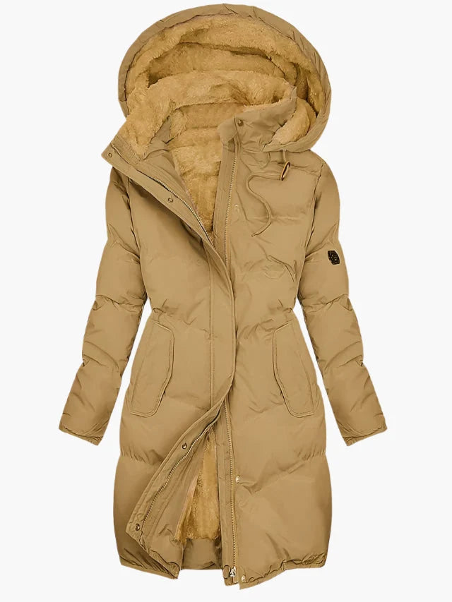 Women's Long Quilted Hooded Winter Coat with Zip-Up Front and Side Pockets 2