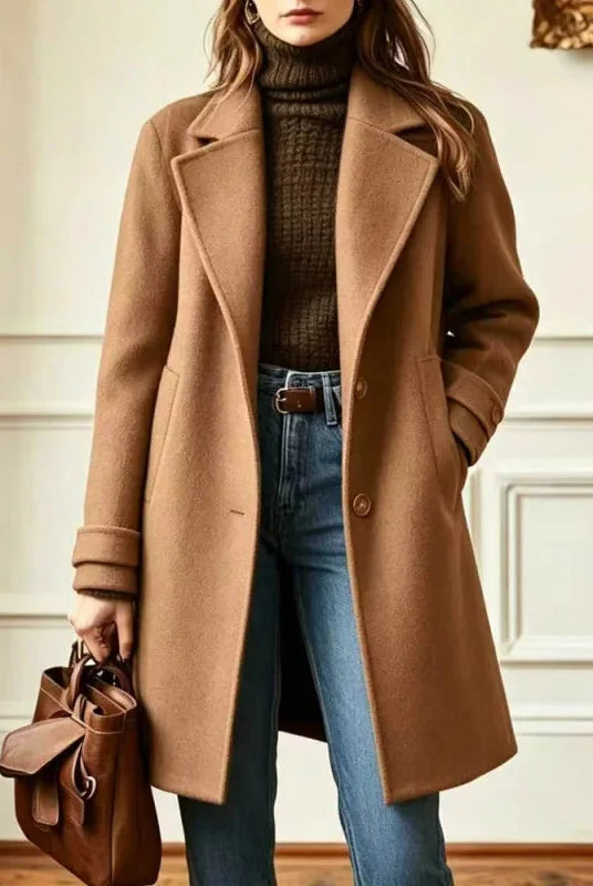 Women's Long Wool-Blend Coat with Notch Lapel and Button Front Closure 0