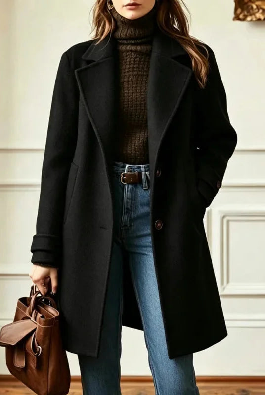 Women's Long Wool-Blend Coat with Notch Lapel and Button Front Closure 4