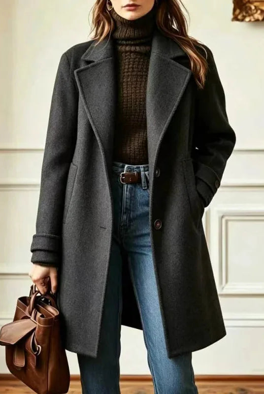 Women's Long Wool-Blend Coat with Notch Lapel and Button Front Closure 6