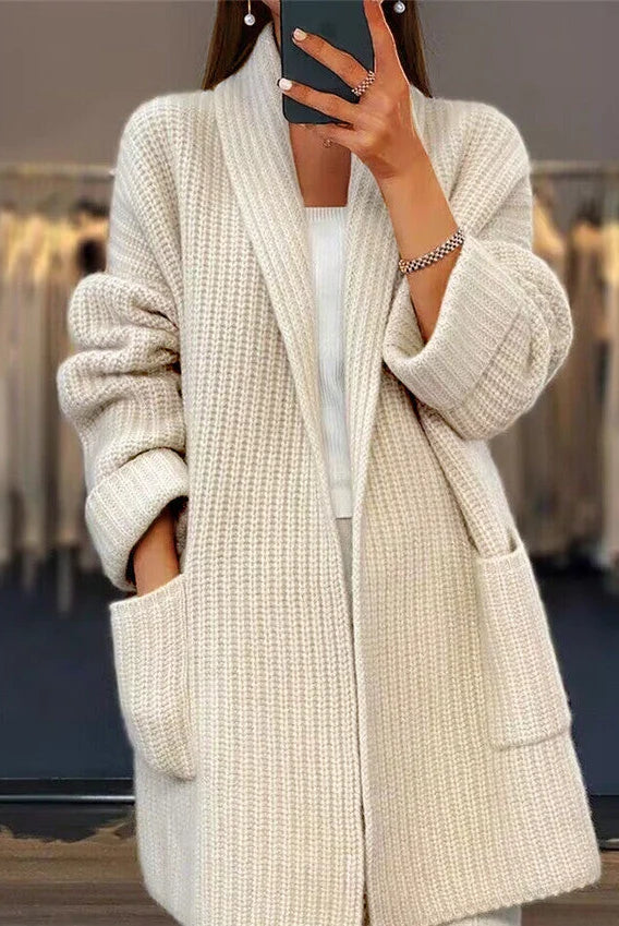 Women's Longline Ribbed Knit Open-Front Cardigan with Patch Pockets 0